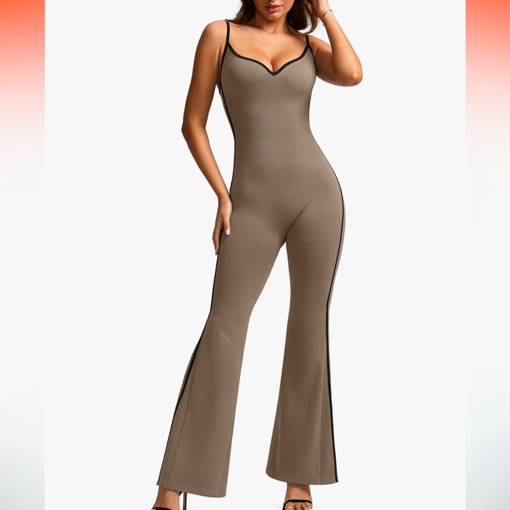 VILANVA M NIP tummy support flare leg adjustable straps brown workout jumpsuit